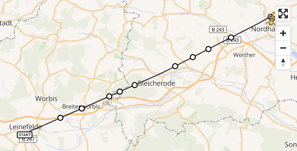 Flugroute Rettungshubschrauber Leinefelde-Worbis - Südharz Hospital Nordhausen, 25 September 2026, 10:52