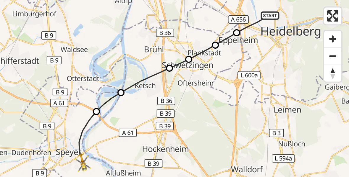 Flugroute Rettungshubschrauber Heidelberg - Speyer Flugplatz, 25 September 2026, 10:52