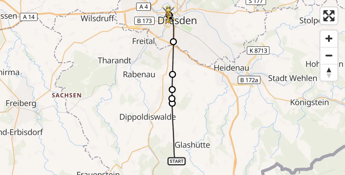 Flugroute Rettungshubschrauber Glashütte - Dresden Friedrichstadt Hospital, 25 September 2026, 10:52