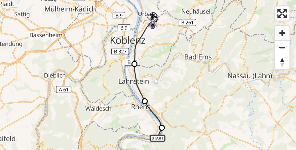 Flugroute Polizeihubschrauber Osterspai - Koblenz, 25 September 2026, 11:01