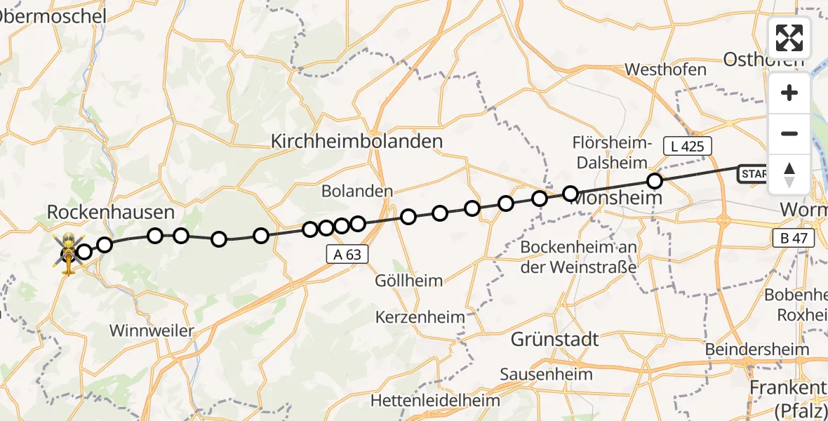 Flugroute Rettungshubschrauber Worms - Rockenhausen, 25 September 2026, 11:05