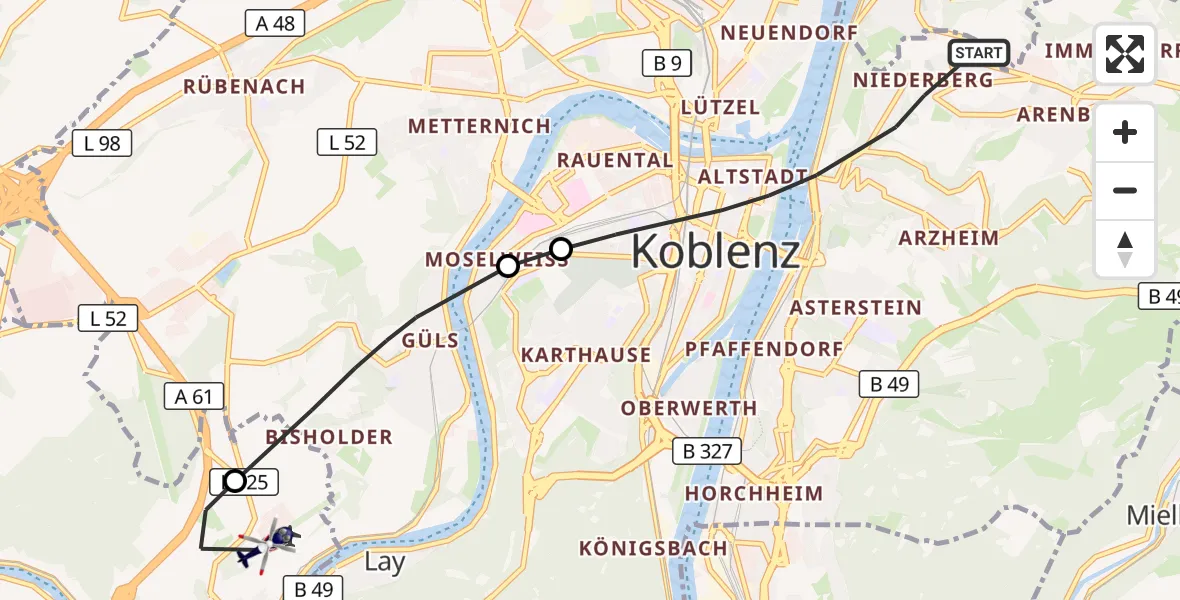 Flugroute Polizeihubschrauber Koblenz - Winningen, 25 September 2026, 11:11