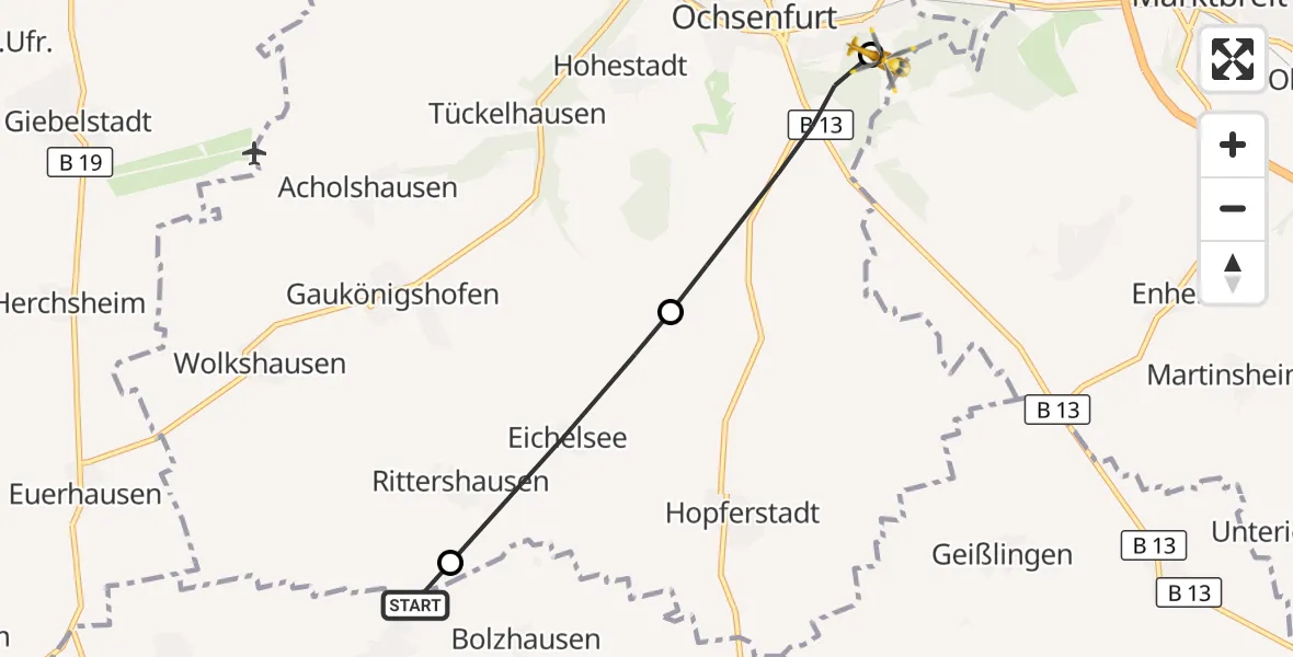 Flugroute Rettungshubschrauber Sonderhofen - Ochsenfurt Hospital, 25 September 2026, 11:21