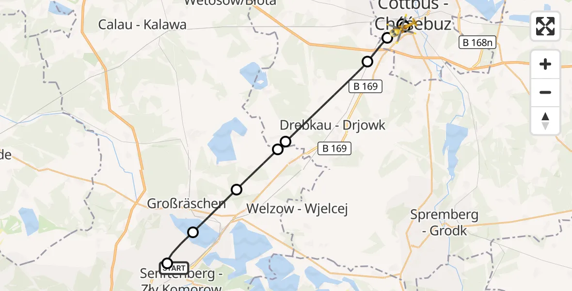 Flugroute Ambulanzhubschrauber ADAC Luftrettungsstation Senftenberg Hubschrauberlandeplatz - Carl Thien Hospital Cottbus, 25 September 2026, 11:23