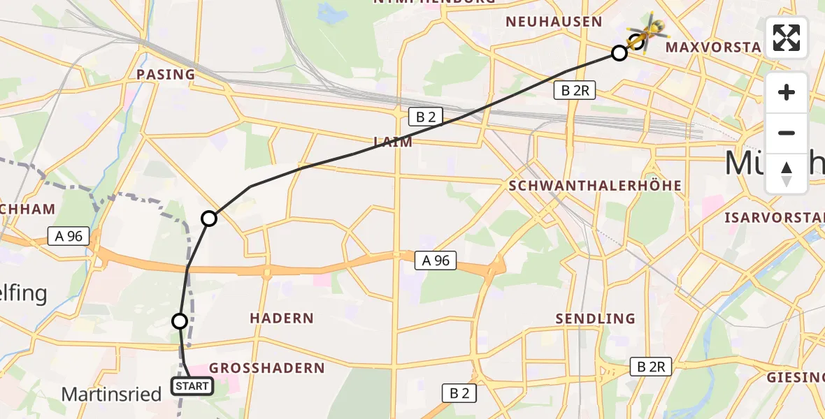 Flugroute Rettungshubschrauber DRF Air Rescue München Hubschrauberlandeplatz - Deutsches Herzzentrum München, 25 September 2026, 11:23