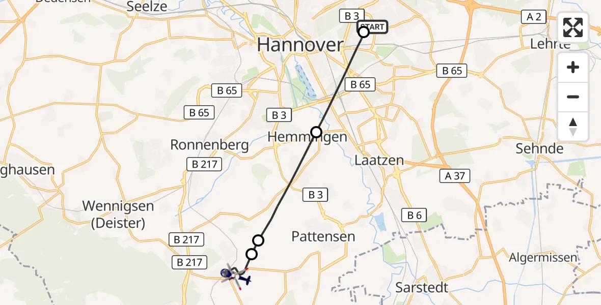 Flugroute Polizeihubschrauber Hannover Luftrettung Hubschrauberlandeplatz (Christoph 4) - Springe, 25 September 2026, 11:23