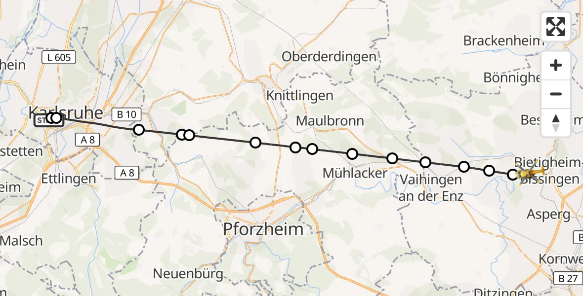 Flugroute Ambulanzhubschrauber Sankt Vincentius Hospital - Bietigheim-Bissingen, 25 September 2026, 11:24