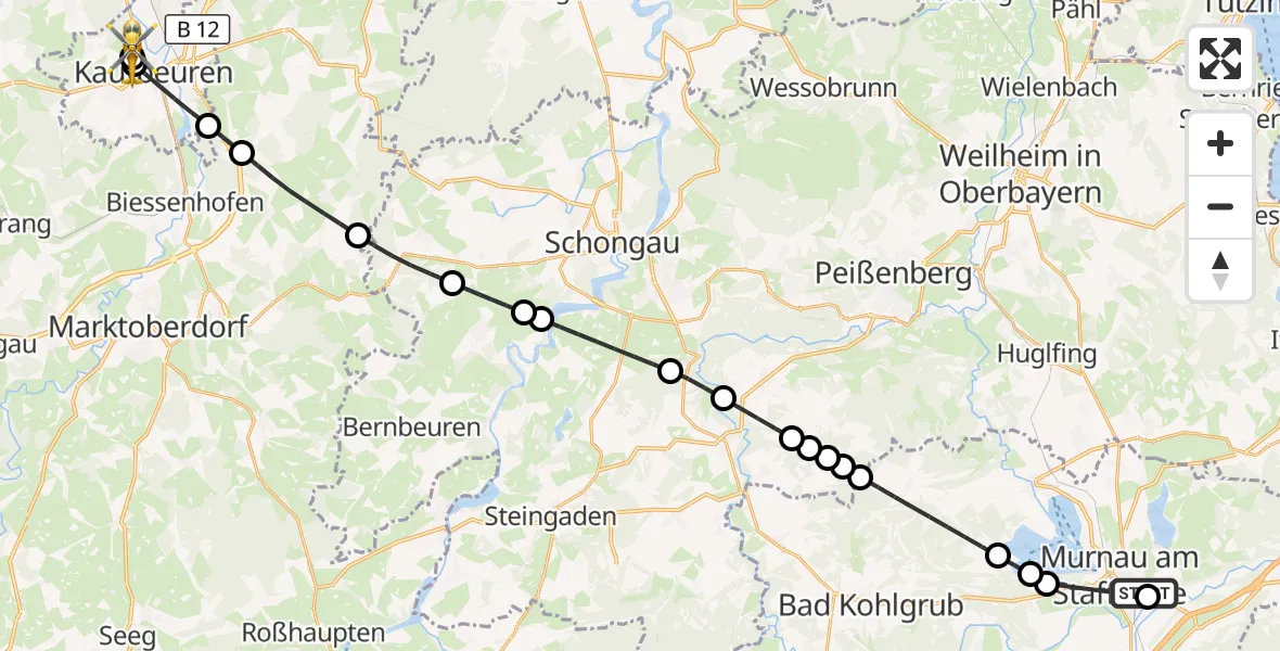Flugroute Rettungshubschrauber Murnau Accident Hospital - Ostallgäu-Kaufbeuren Hospital, 25 September 2026, 11:32
