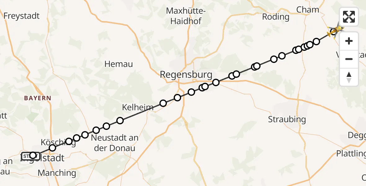 Flugroute Rettungshubschrauber Ingolstadt Hospital - Blaibach, 25 September 2026, 11:36