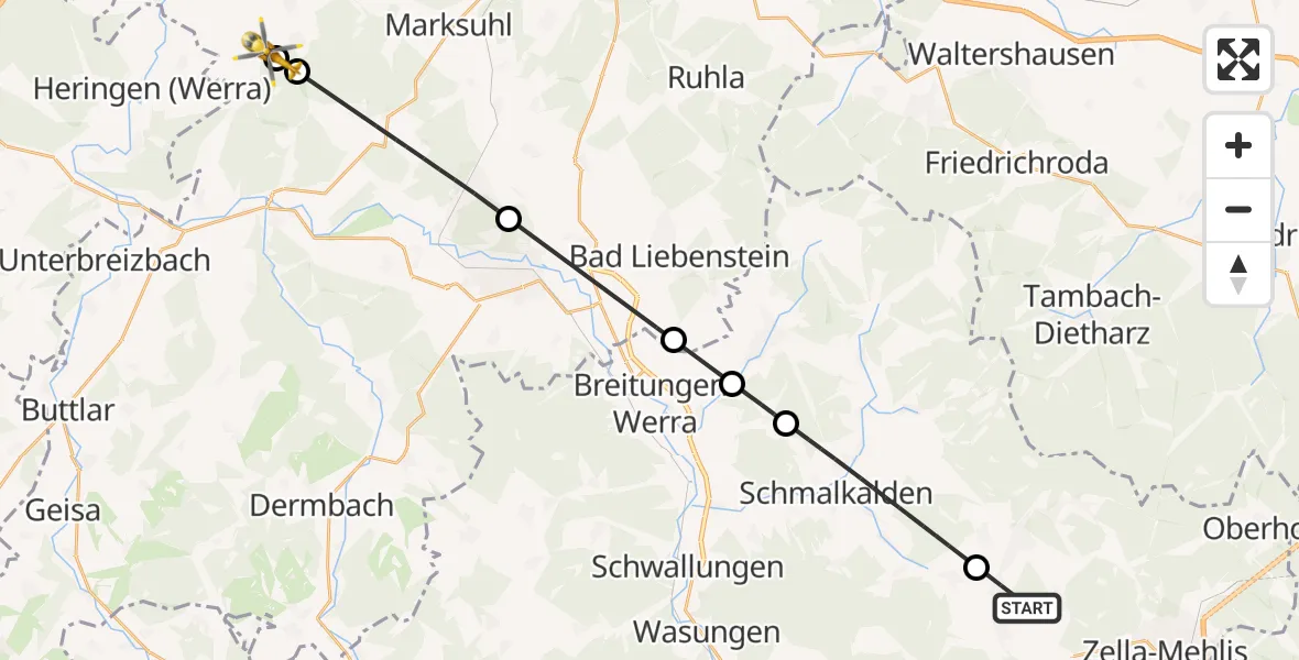 Flugroute Rettungshubschrauber Steinbach-Hallenberg - Bad Salzungen, 25 September 2026, 11:37