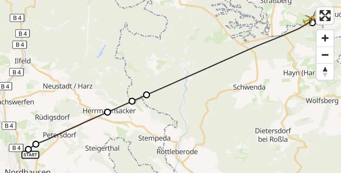 Flugroute Rettungshubschrauber Südharz Hospital Nordhausen - Harzgerode, 25 September 2026, 11:43