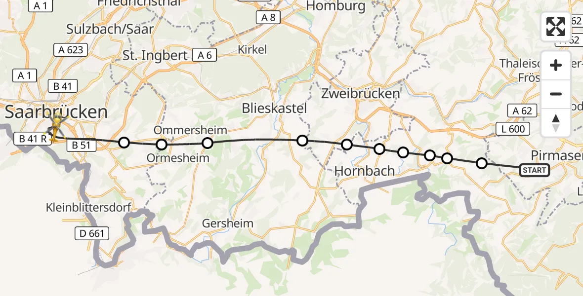 Flugroute Rettungshubschrauber Pirmasens - Saarbrücken, 25 September 2026, 11:49