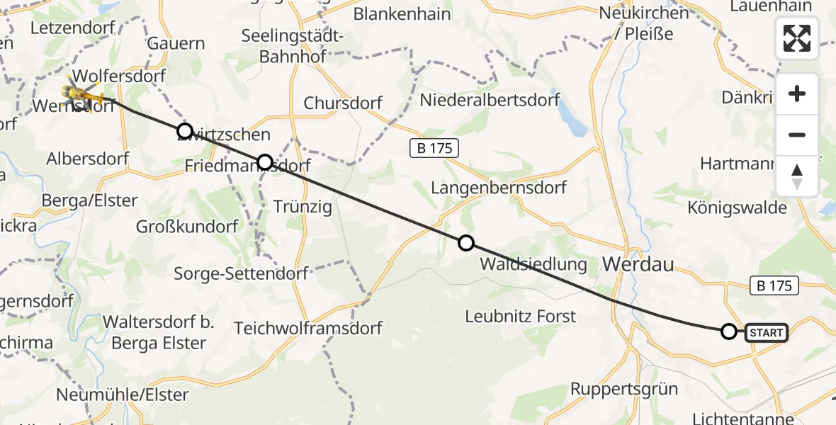 Flugroute Rettungshubschrauber ADAC Air Rescue Station Zwickau Hubschrauberlandeplatz - Berga-Wünschendorf, 25 September 2026, 11:57