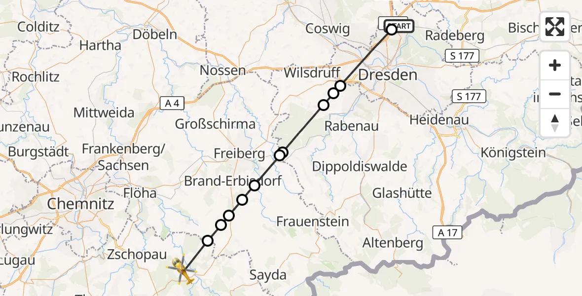 Flugroute Rettungshubschrauber Dresden Flughafen - Pockau-Lengefeld, 25 September 2026, 11:59