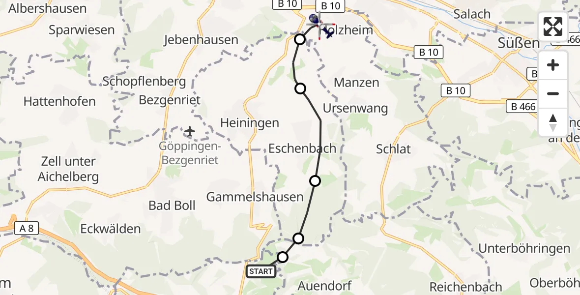 Flugroute Polizeihubschrauber Gruibingen-Nortel Flugplatz - Göppingen, 25 September 2026, 12:05