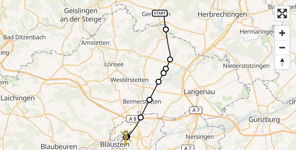Flugroute Rettungshubschrauber Gerstetten - ADAC Air Rescue Station Ulm (Christoph 22), 25 September 2026, 12:10