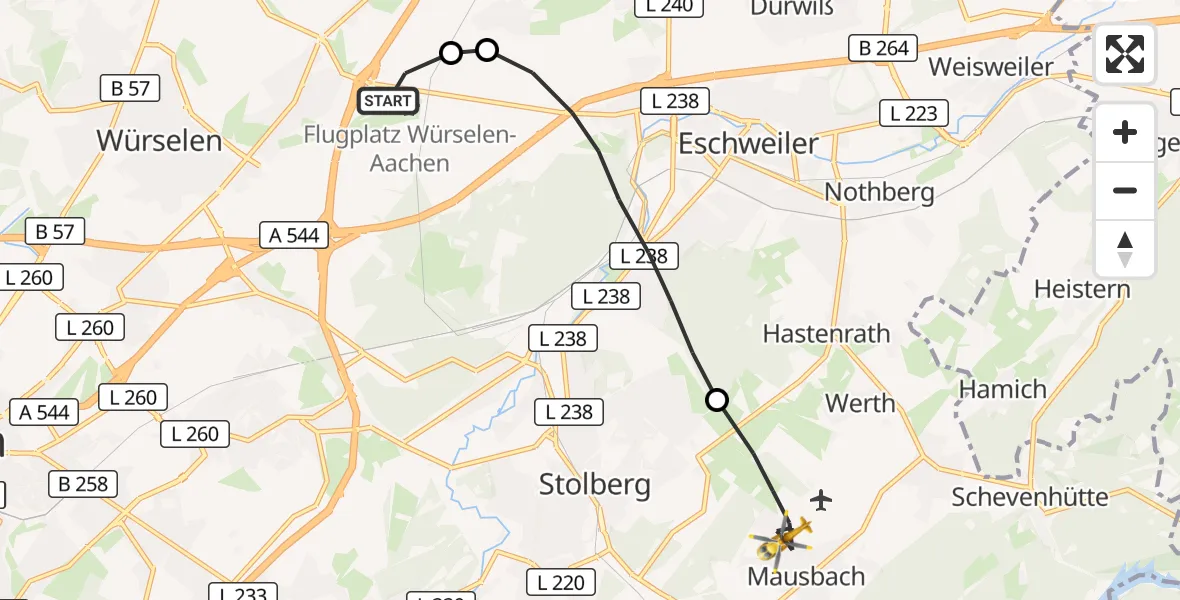 Flugroute Rettungshubschrauber Aachen-Merzbrück Flughafen - Stolberg (Rhld.), 25 September 2026, 12:17