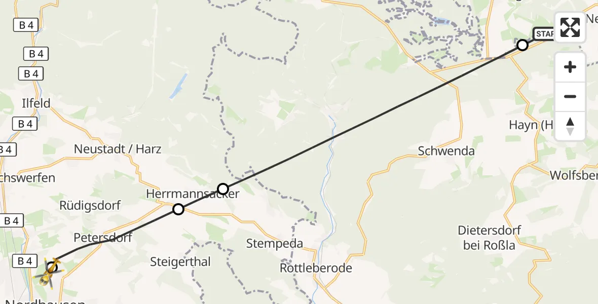 Flugroute Rettungshubschrauber Harzgerode - Südharz Hospital Nordhausen, 25 September 2026, 12:18