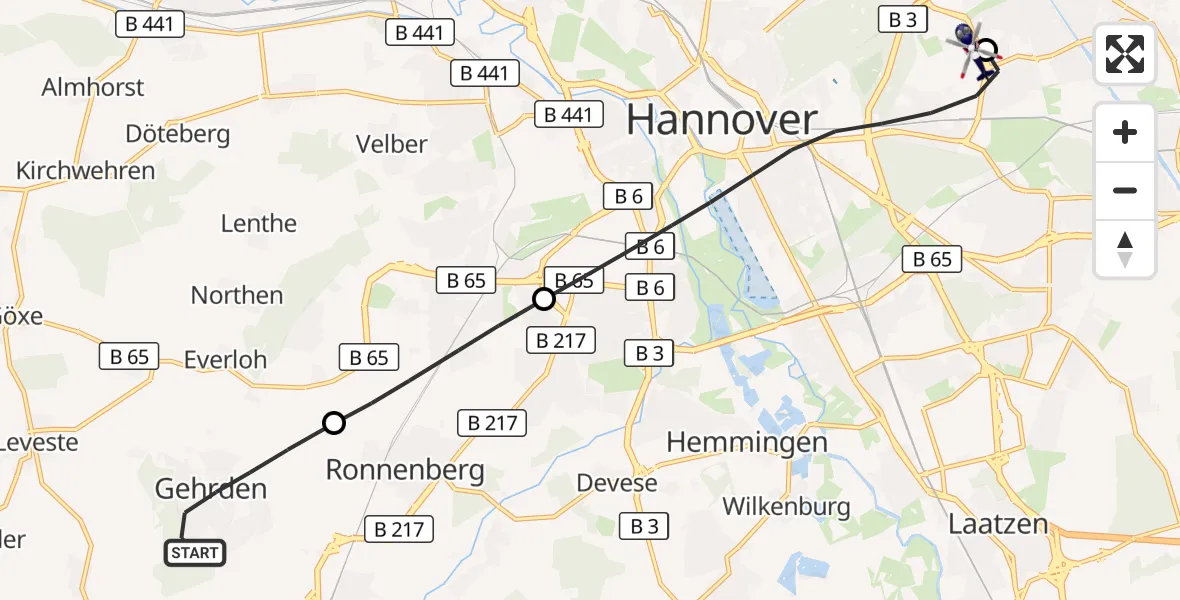 Flugroute Polizeihubschrauber Gehrden - Hannover Luftrettung Hubschrauberlandeplatz (Christoph 4), 25 September 2026, 12:22