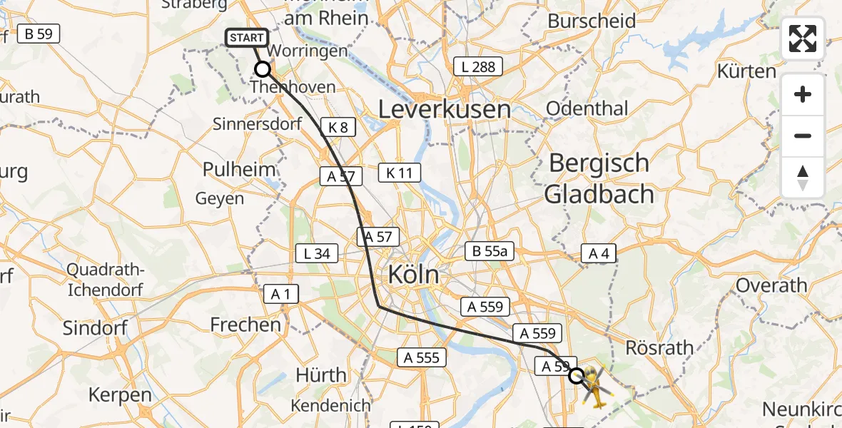 Flugroute Rettungshubschrauber Dormagen - Köln Bonn Flughafen, 25 September 2026, 12:23