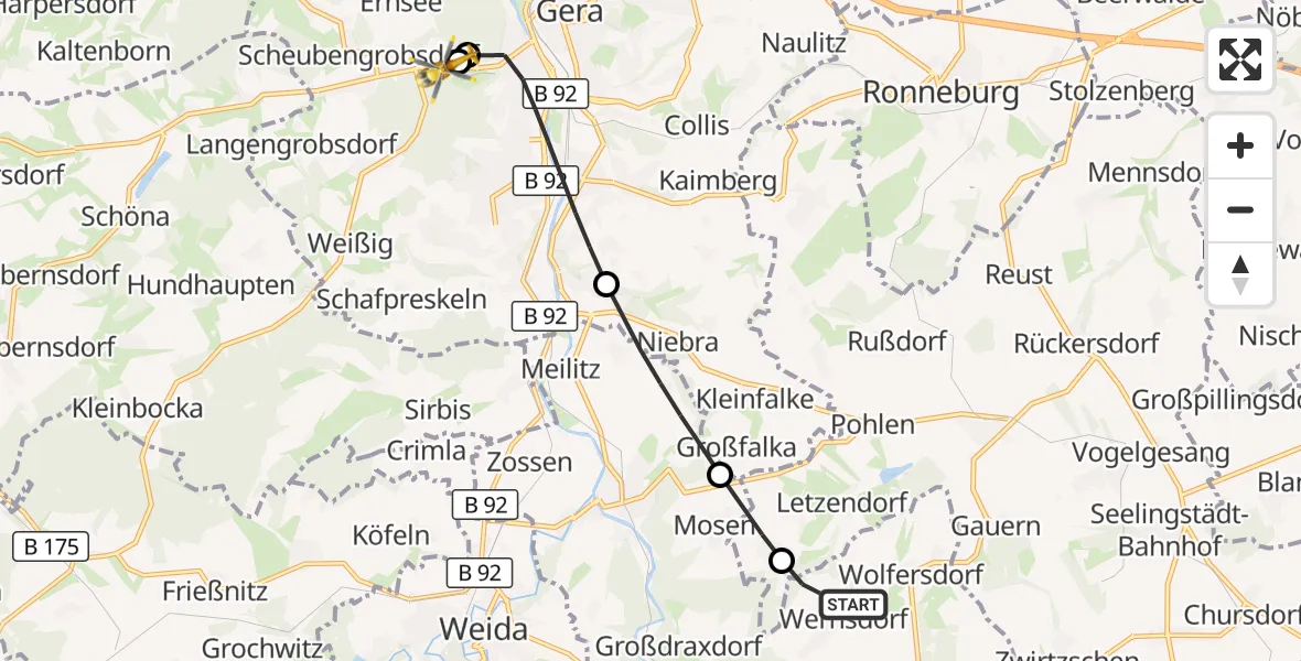 Flugroute Rettungshubschrauber Berga-Wünschendorf - SRH Wald-Klinikum Gera Hospital, 25 September 2026, 12:35