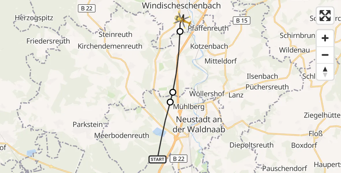 Flugroute Ambulanzhubschrauber Altenstadt a.d.Waldnaab - Windischeschenbach, 25 September 2026, 12:40
