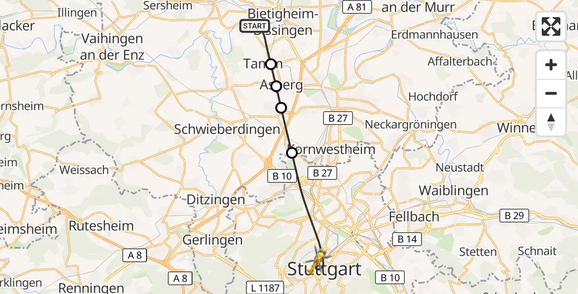 Flugroute Ambulanzhubschrauber Bietigheim-Bissingen - Stuttgart, 25 September 2026, 12:41