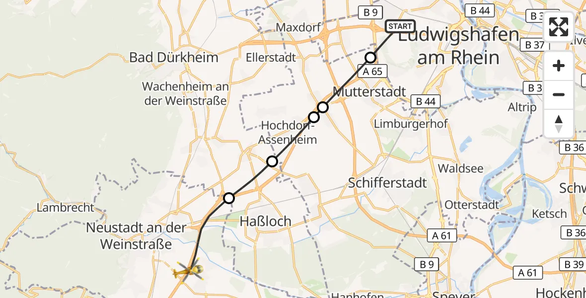 Flugroute Rettungshubschrauber Ludwigshafen am Rhein - Neustadt an der Weinstraße, 25 September 2026, 12:54