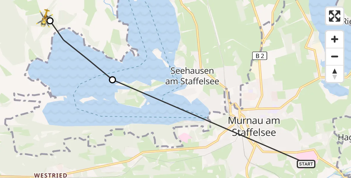 Flugroute Rettungshubschrauber Murnau Accident Hospital - Uffing a.Staffelsee, 25 September 2026, 12:54