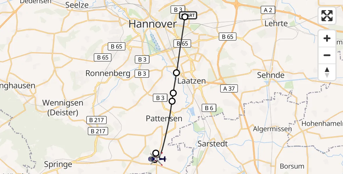 Flugroute Polizeihubschrauber Hannover Luftrettung Hubschrauberlandeplatz (Christoph 4) - Pattensen, 25 September 2026, 12:56