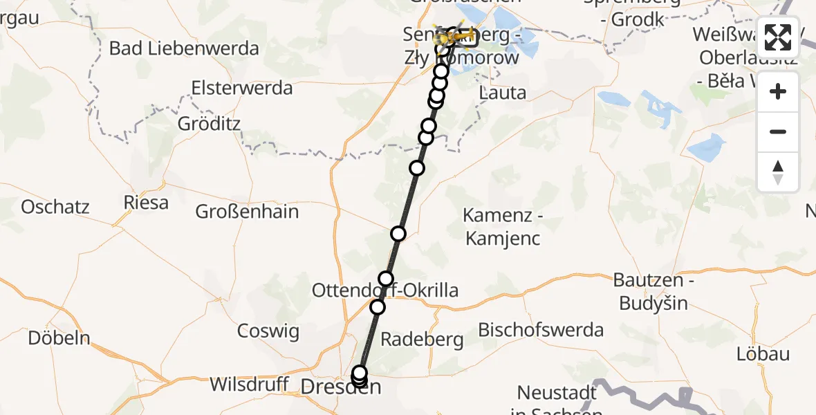 Flugroute Ambulanzhubschrauber ADAC Luftrettungsstation Senftenberg Hubschrauberlandeplatz - ADAC Luftrettungsstation Senftenberg Hubschrauberlandeplatz, 25 September 2026, 13:07
