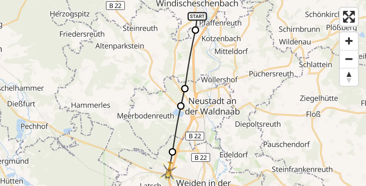 Flugroute Ambulanzhubschrauber Windischeschenbach - Weiden i.d.OPf., 25 September 2026, 13:12