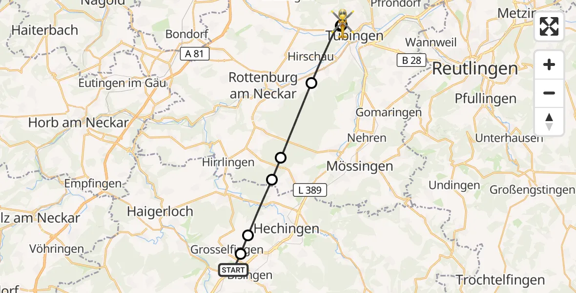 Flugroute Rettungshubschrauber Bisingen - Tübingen University Hospital, 25 September 2026, 13:13