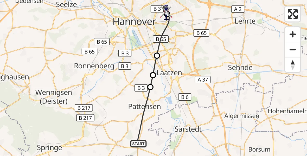 Flugroute Polizeihubschrauber Pattensen - Hannover Luftrettung Hubschrauberlandeplatz (Christoph 4), 25 September 2026, 13:15