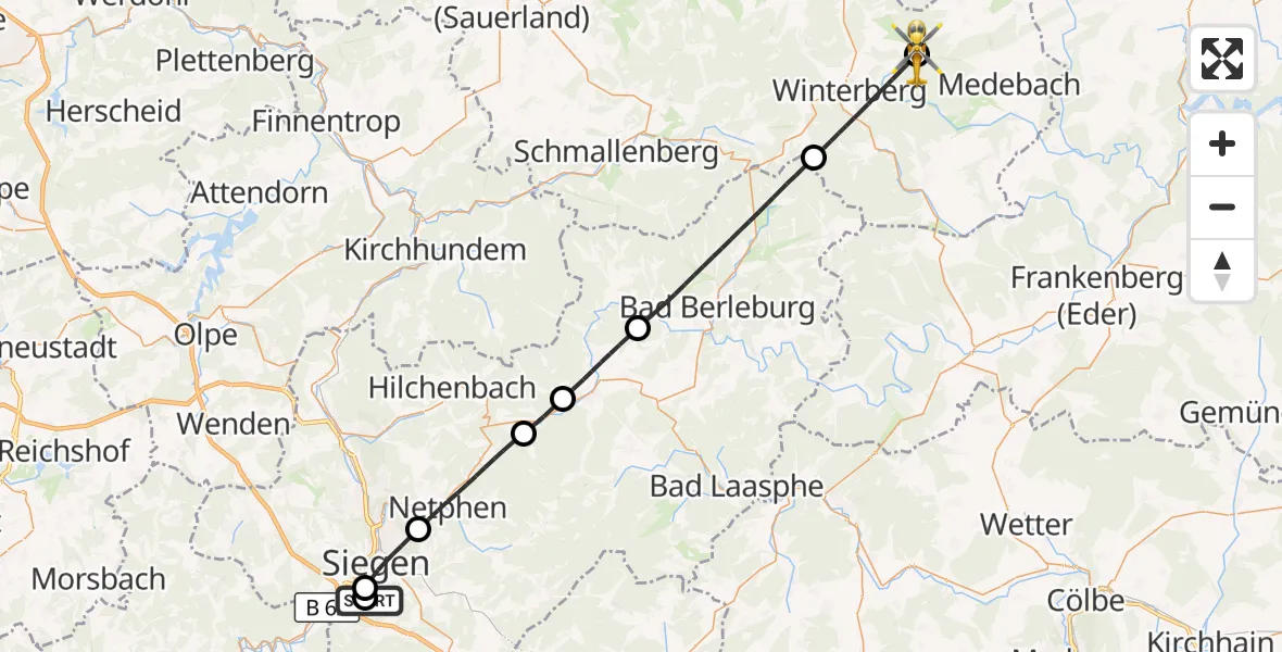 Flugroute Rettungshubschrauber Evangelisches Jung-Stilling Hospital - Medebach, 25 September 2026, 13:16