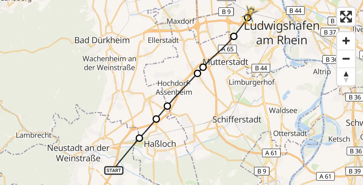 Flugroute Rettungshubschrauber Neustadt an der Weinstraße - Ludwigshafen Accident Hospital, 25 September 2026, 13:21