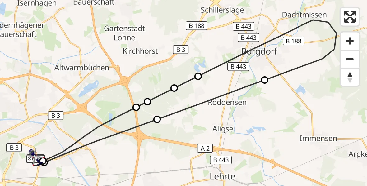 Flugroute Polizeihubschrauber Hannover Luftrettung Hubschrauberlandeplatz (Christoph 4) - Hannover Luftrettung Hubschrauberlandeplatz (Christoph 4), 25 September 2026, 13:49