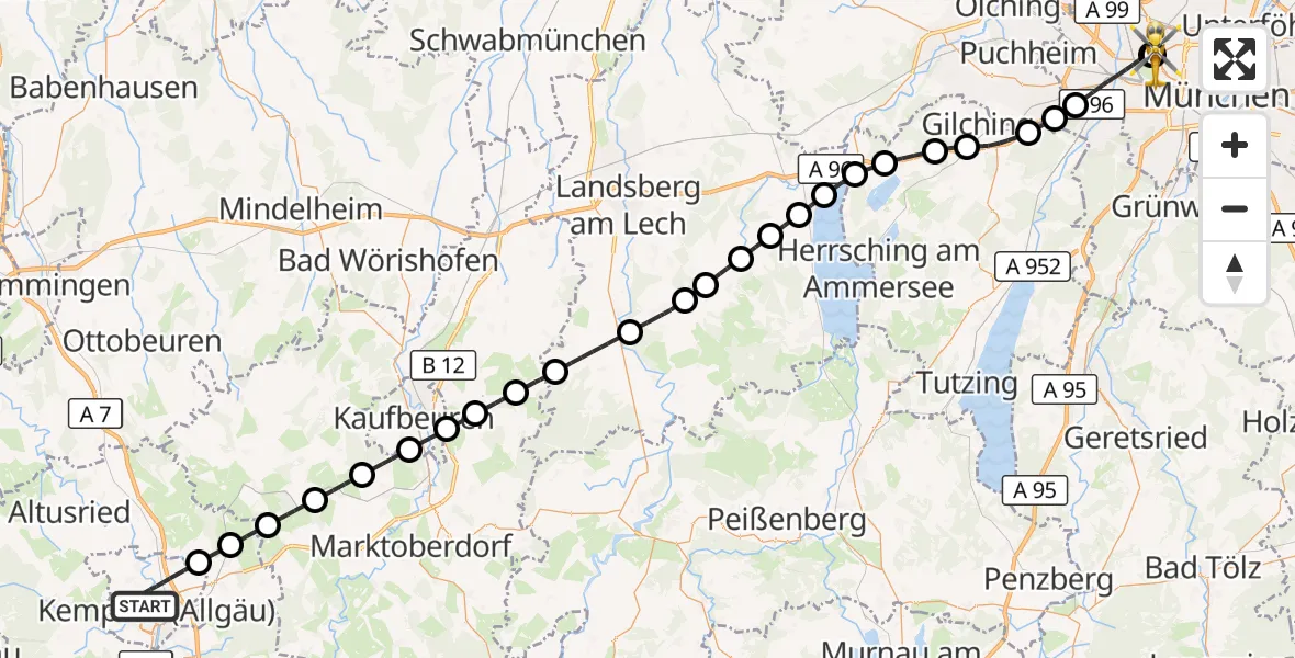 Flugroute Rettungshubschrauber Kempten (Allgäu) - Dritter Orden University Hospital, 25 September 2026, 13:50