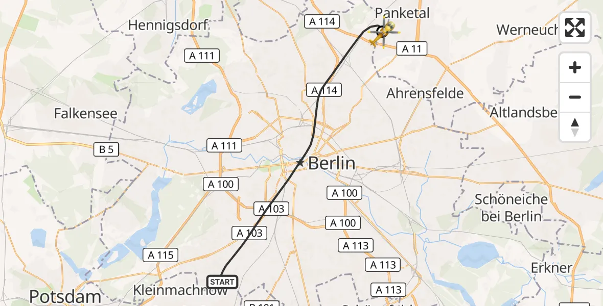 Flugroute Rettungshubschrauber Berlin - Helios Clinic Berlin-Buch, 25 September 2026, 13:53