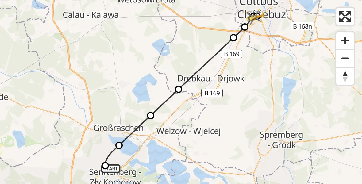 Flugroute Ambulanzhubschrauber ADAC Luftrettungsstation Senftenberg Hubschrauberlandeplatz - Carl Thien Hospital Cottbus, 25 September 2026, 13:54