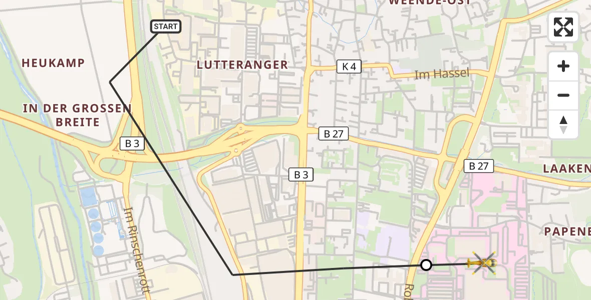 Flugroute Rettungshubschrauber Göttingen - Göttingen University Clinic Hubschrauberlandeplatz, 25 September 2026, 13:58