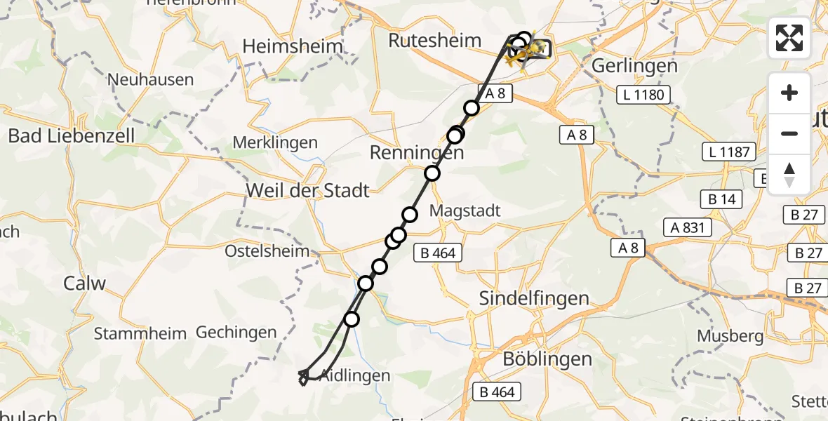 Flugroute Rettungshubschrauber Leonberg Hospital - Leonberg Hospital, 25 September 2026, 14:02