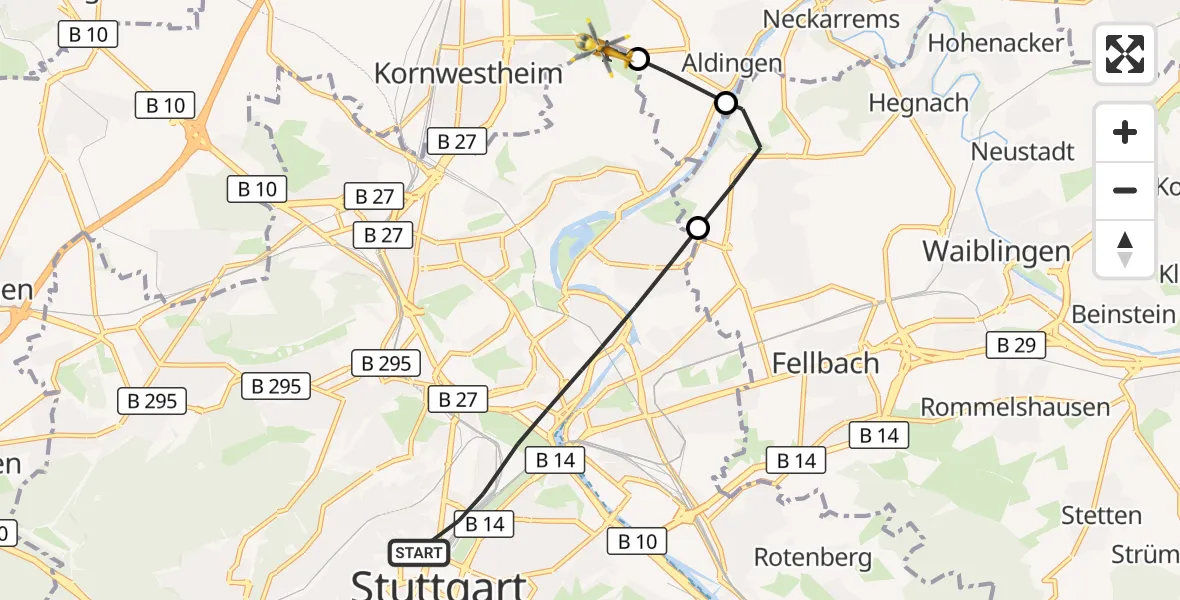 Flugroute Ambulanzhubschrauber Stuttgart - Pattonville Flugplatz, 25 September 2026, 14:04