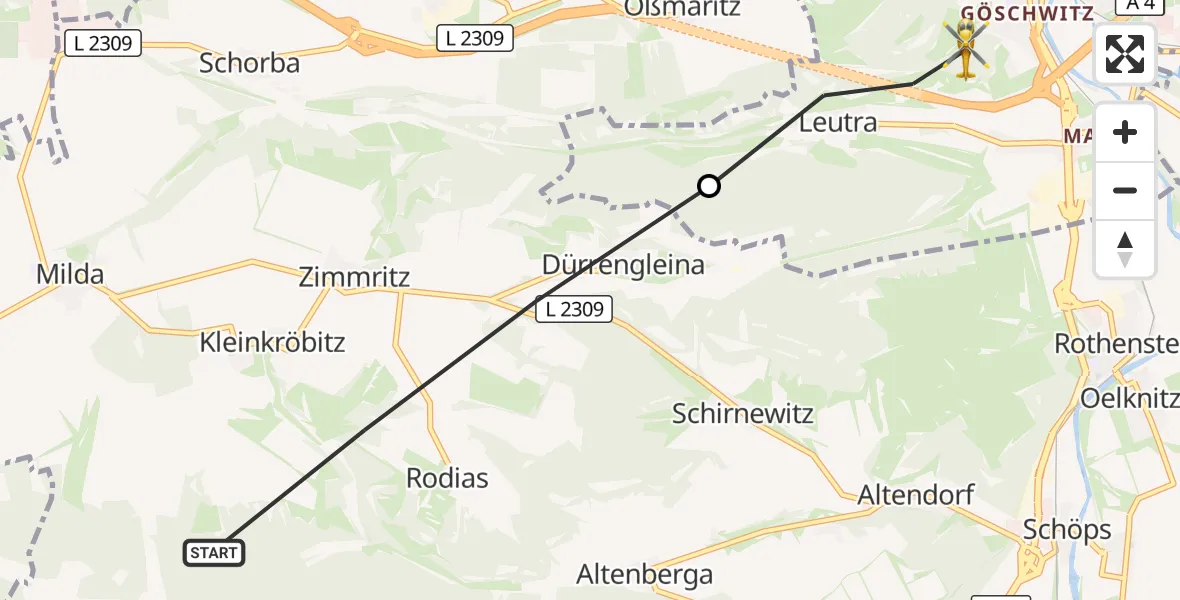 Flugroute Rettungshubschrauber Milda - Jena, 25 September 2026, 14:05