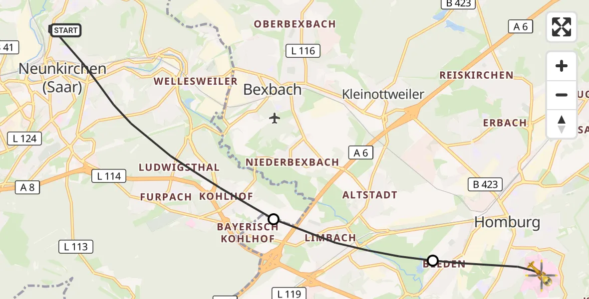Flugroute Rettungshubschrauber Neunkirchen - Homburg, 25 September 2026, 14:07