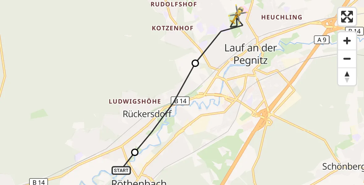Flugroute Ambulanzhubschrauber Röthenbach a.d.Pegnitz - Lauf a.d.Pegnitz, 25 September 2026, 14:10