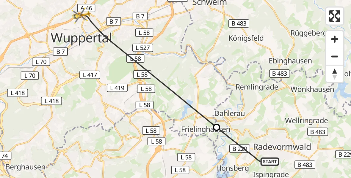 Flugroute Rettungshubschrauber Radevormwald - Wuppertal, 25 September 2026, 14:21