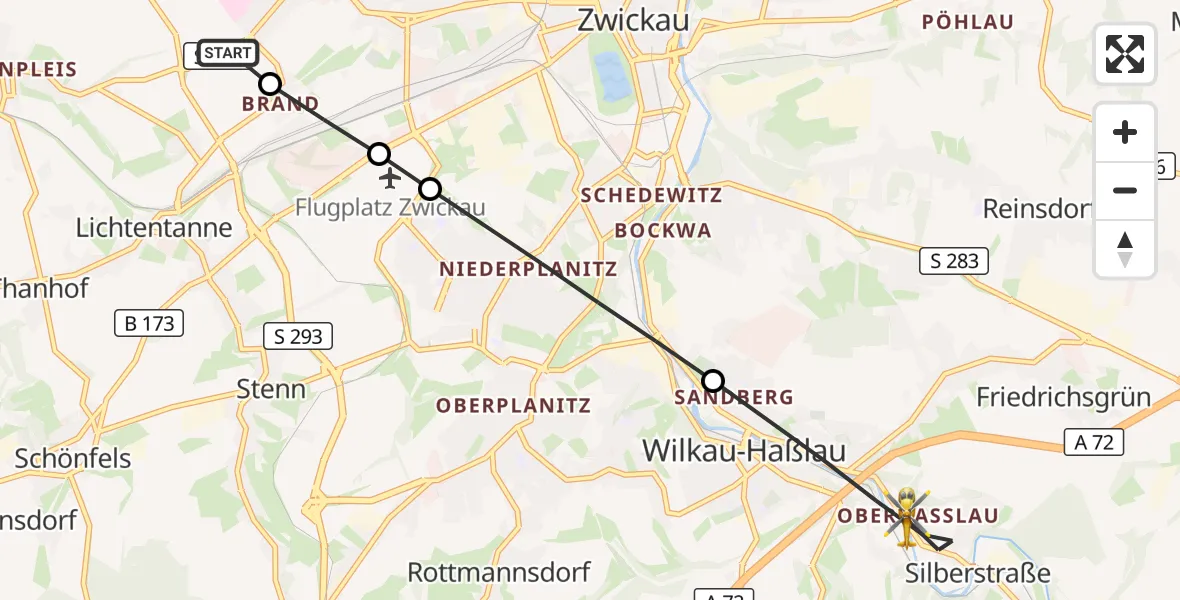 Flugroute Rettungshubschrauber Werdau - Wilkau-Haßlau, 25 September 2026, 14:23