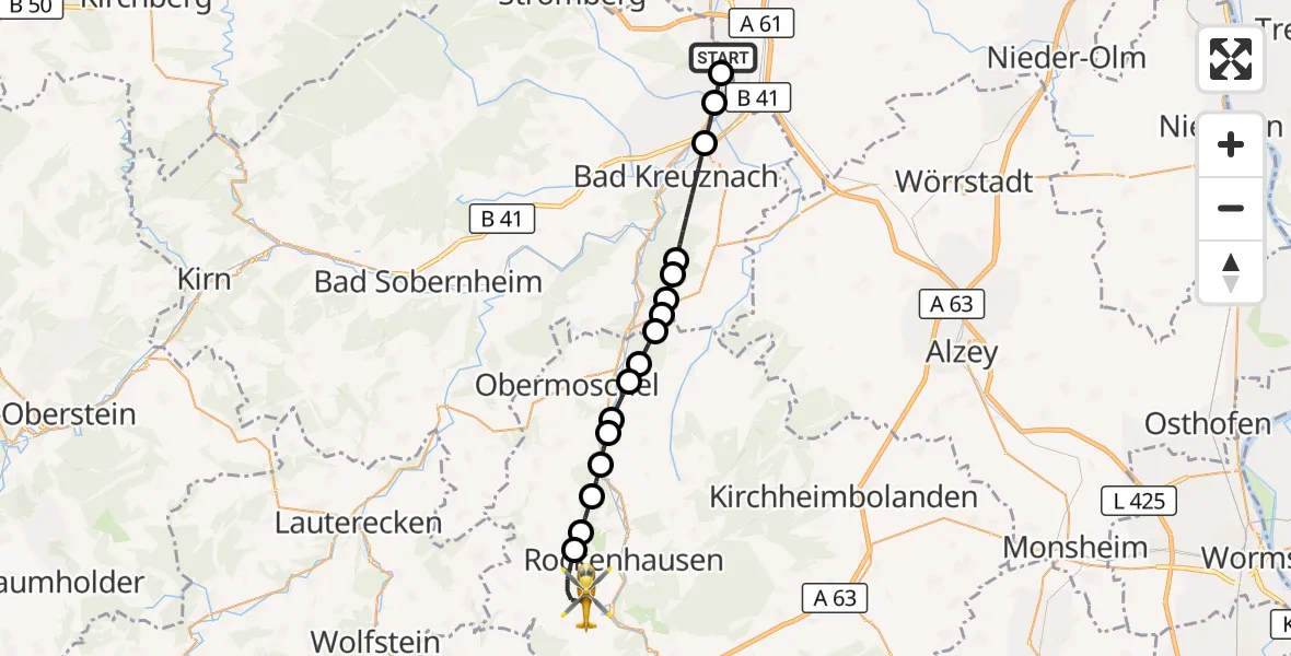 Flugroute Rettungshubschrauber Flugplatz Langenlonsheim - Rockenhausen, 25 September 2026, 14:25