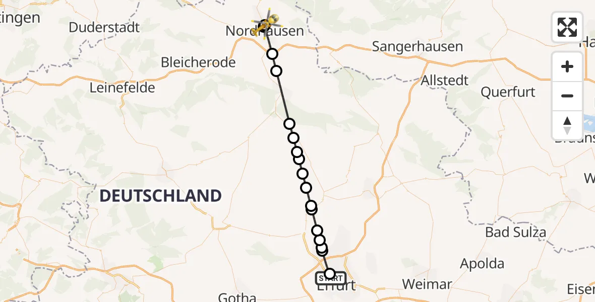 Flugroute Rettungshubschrauber Helios Clinic Erfurt - Südharz Hospital Nordhausen, 25 September 2026, 14:27